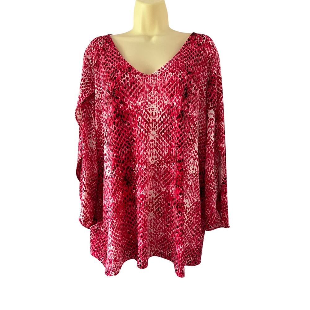 Calvin Klein Pink Snakeskin Print Slinky Knit Top Blouse Size 3X Open Top Sleeve